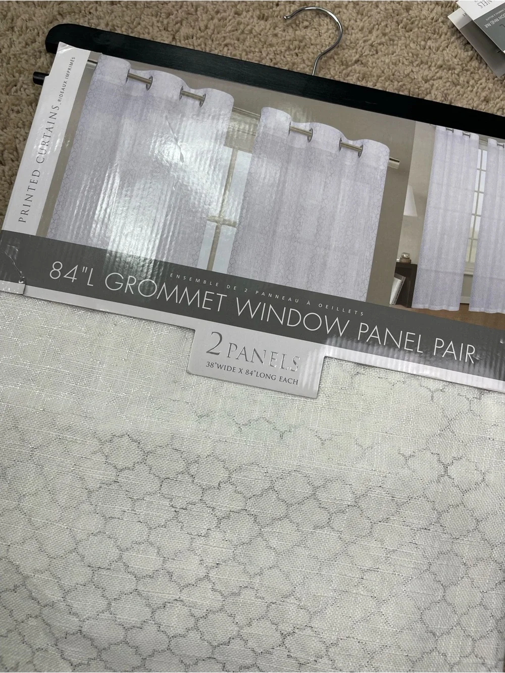 Grommet Window Panel Pair - White with Metallic Silver Pattern